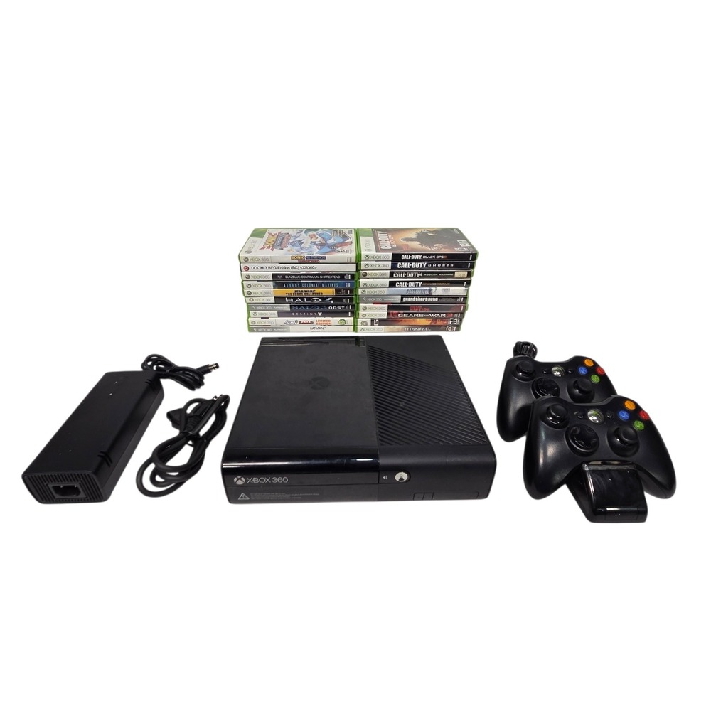 Microsoft Xbox 360 E Console Bundle Black 2 Controllers 20 Games Charging Dock